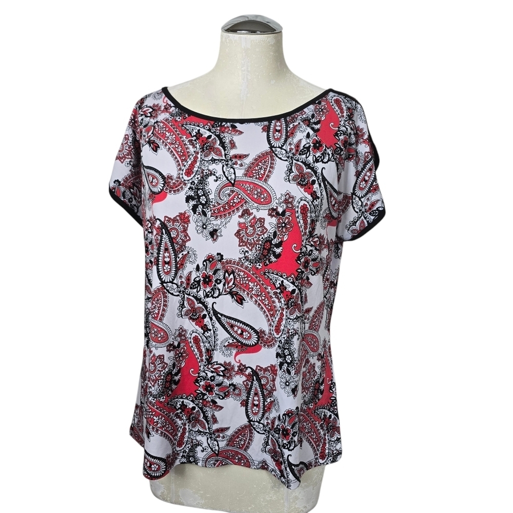 Diana Belle Black Red Paisley Cold Shoulder Top M